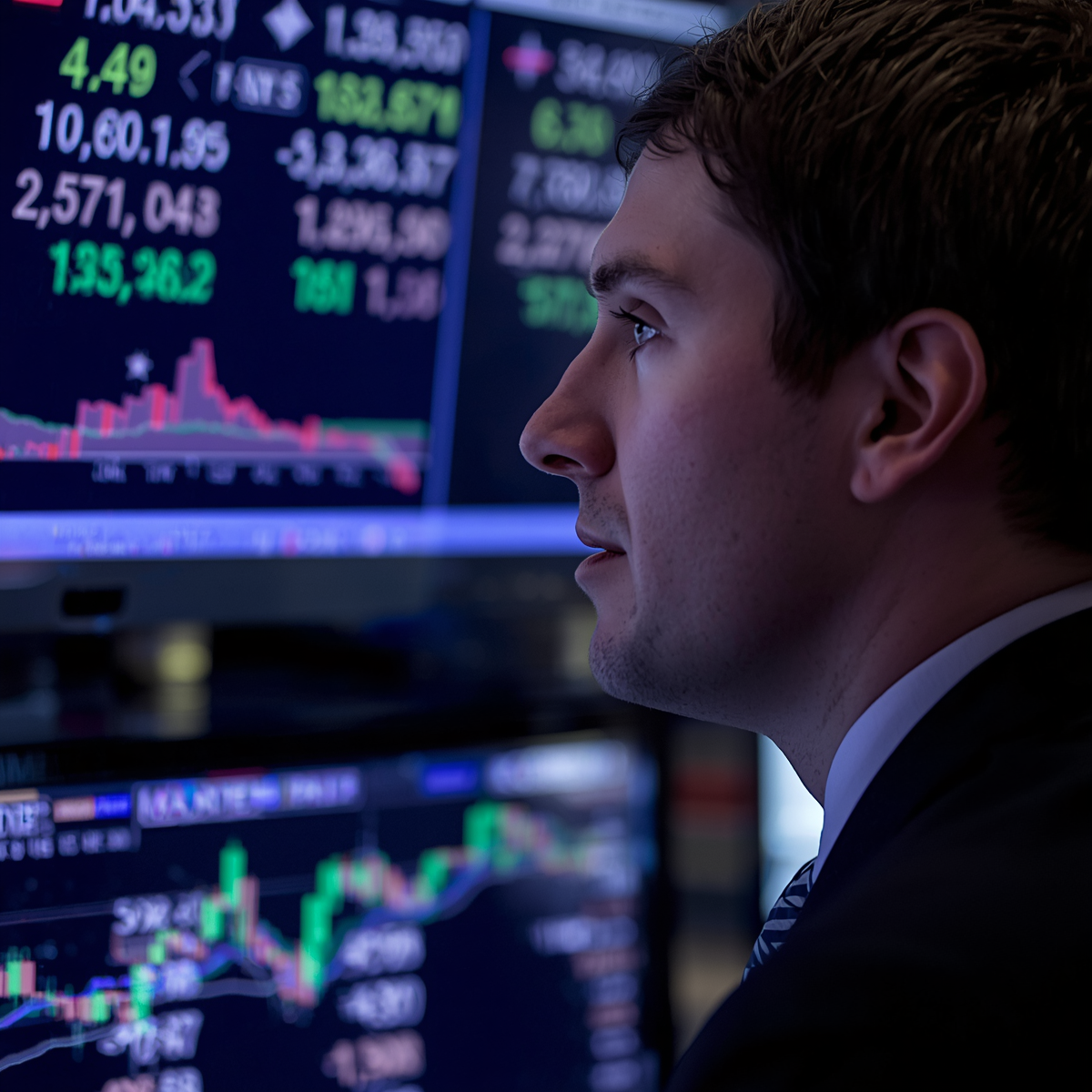 Trader-staring-at-TV-screen-displaying-oil-price-quotes-financial-data-and-charts-on-monitor-trading-floor-or-office-environment-focused-professional-watching-market-prices-stock-market-
